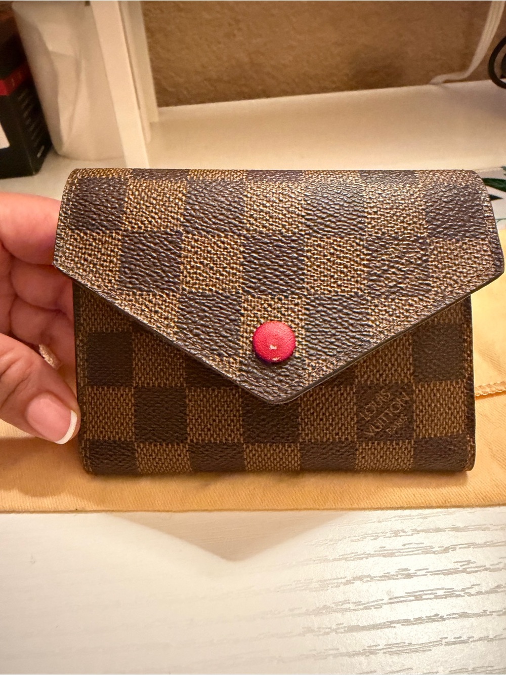 Louis Vuitton Brown Checkered Envelope Wallet with Red Snap